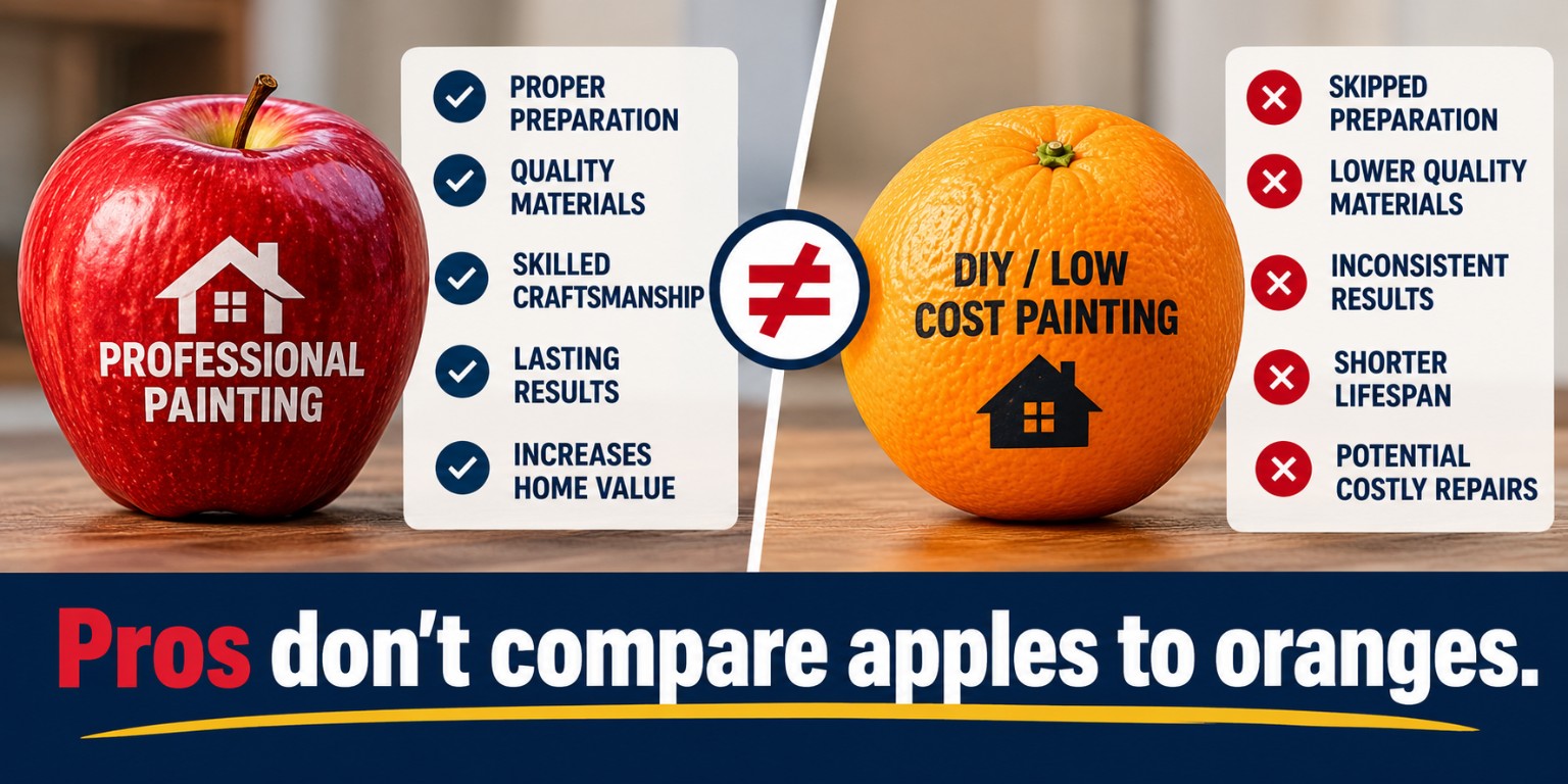 Apples versus oranges professional painting comparison with a not-equal sign and Paint Pros slogan