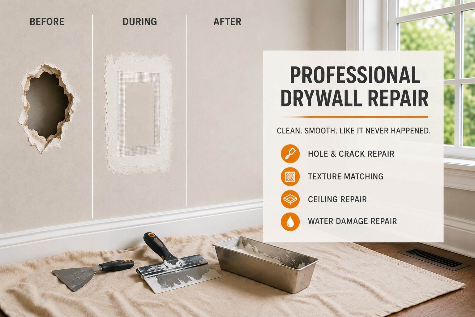 Before during and after drywall repair infographic