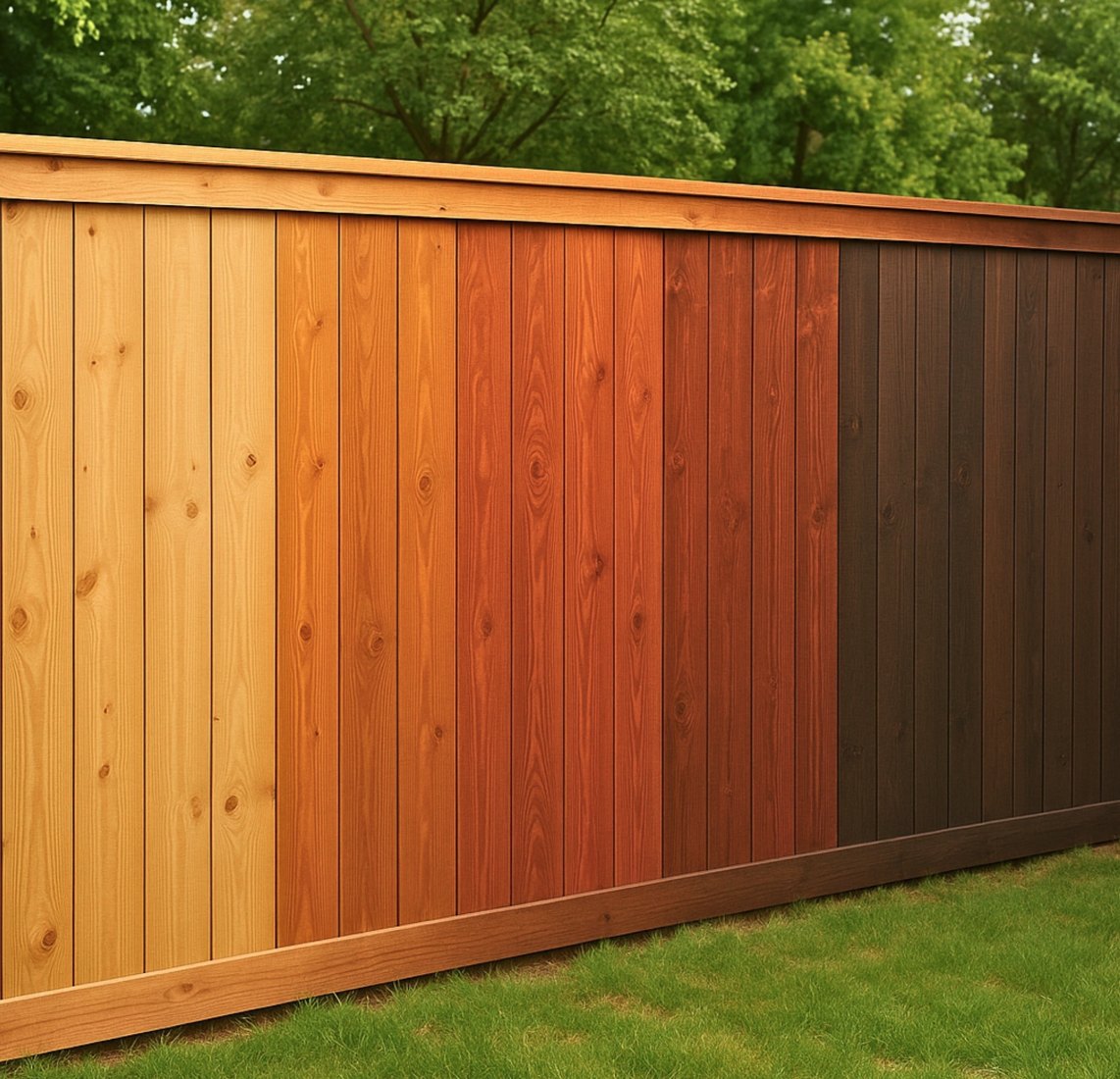 Wood fence showing natural wood through rich stained finishes