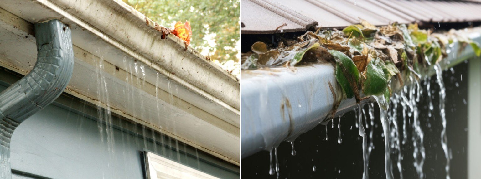 Overflowing residential rain gutters clogged with leaves and debris
